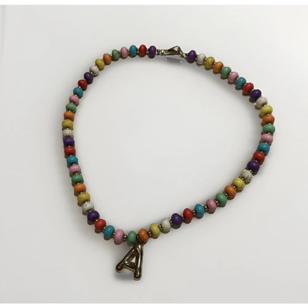 Colorful Beaded Initial Necklace Letter A Charm Anthro Style Handmade 16”